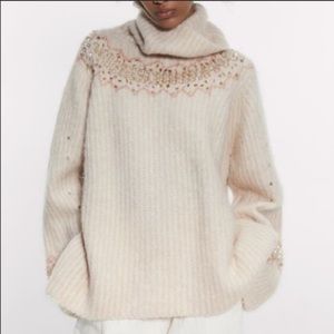 Zara NWT cream mohair embellished sweater turtleneck